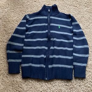 Polo, Navy with gray stripes and green trim zip up cardigan